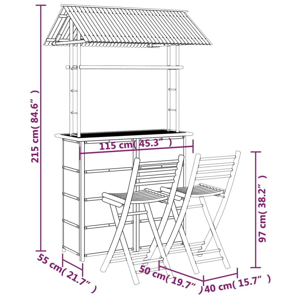 vidaXL Bar Set 3-TLG. Bambus Gartentheke mit Dach