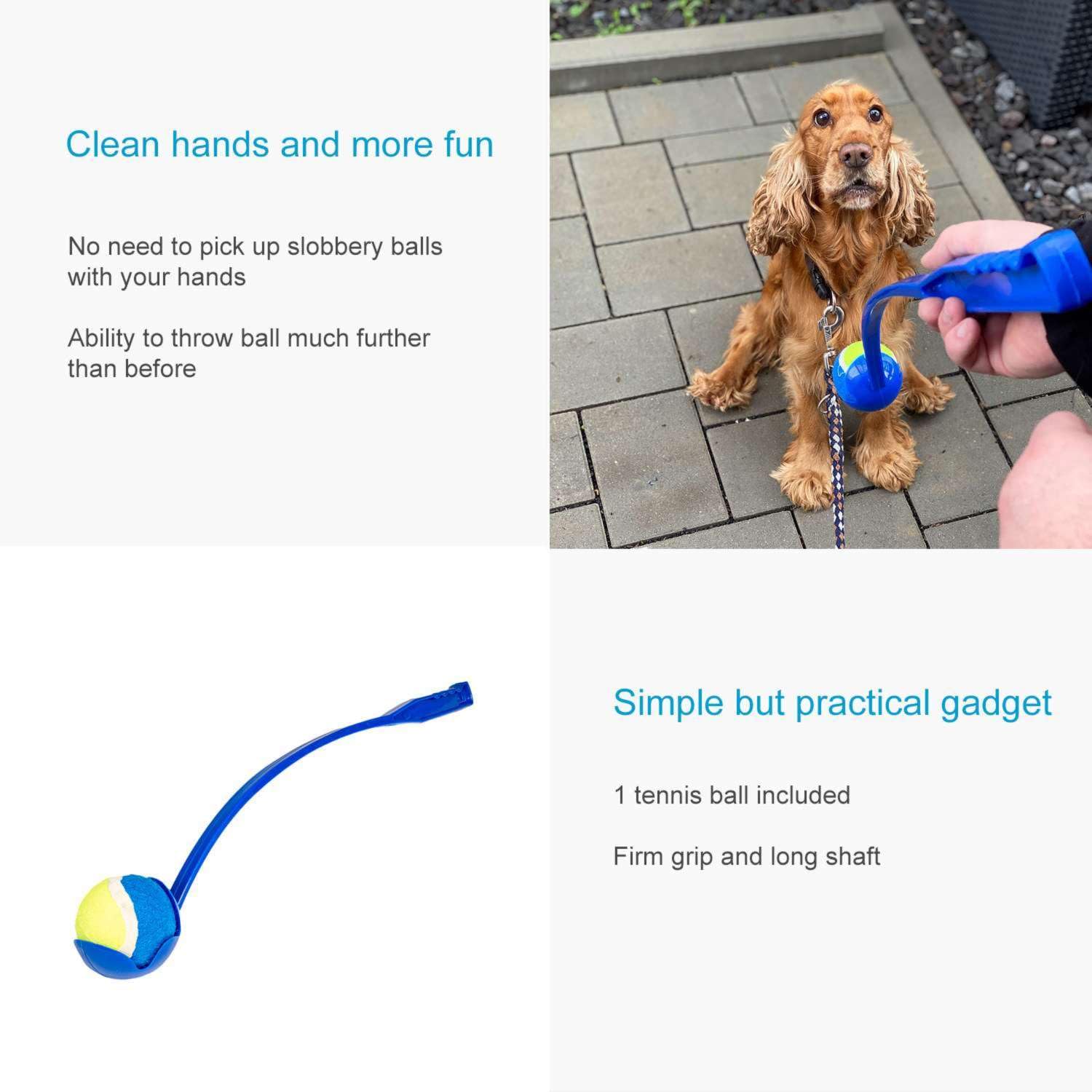 Intirilife Ballschleuder Hund Blau 64 cm mit Tennisball