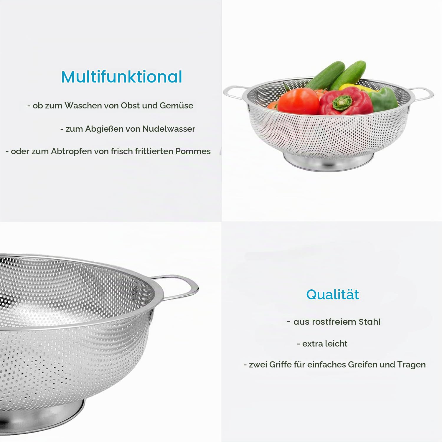 Intirilife Sieb Edelstahl Küchensieb mit Griffen 28,5 cm