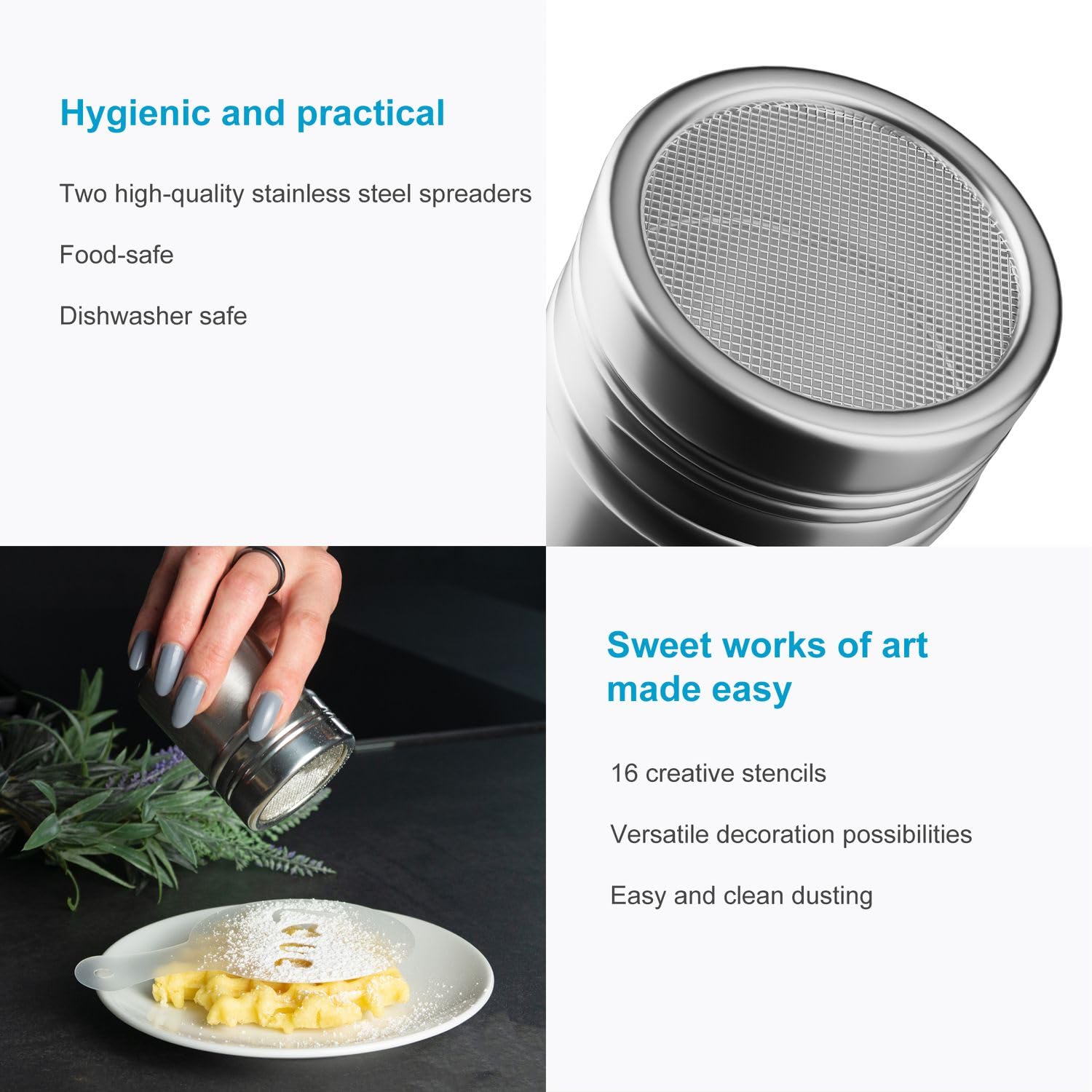 Intirilife Puderstreuer Set 18-teilig Edelstahl mit Schablonen