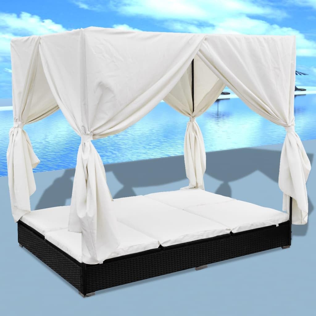 vidaXL Outdoor-Loungebett Poly Rattan Schwarz mit Vorhang