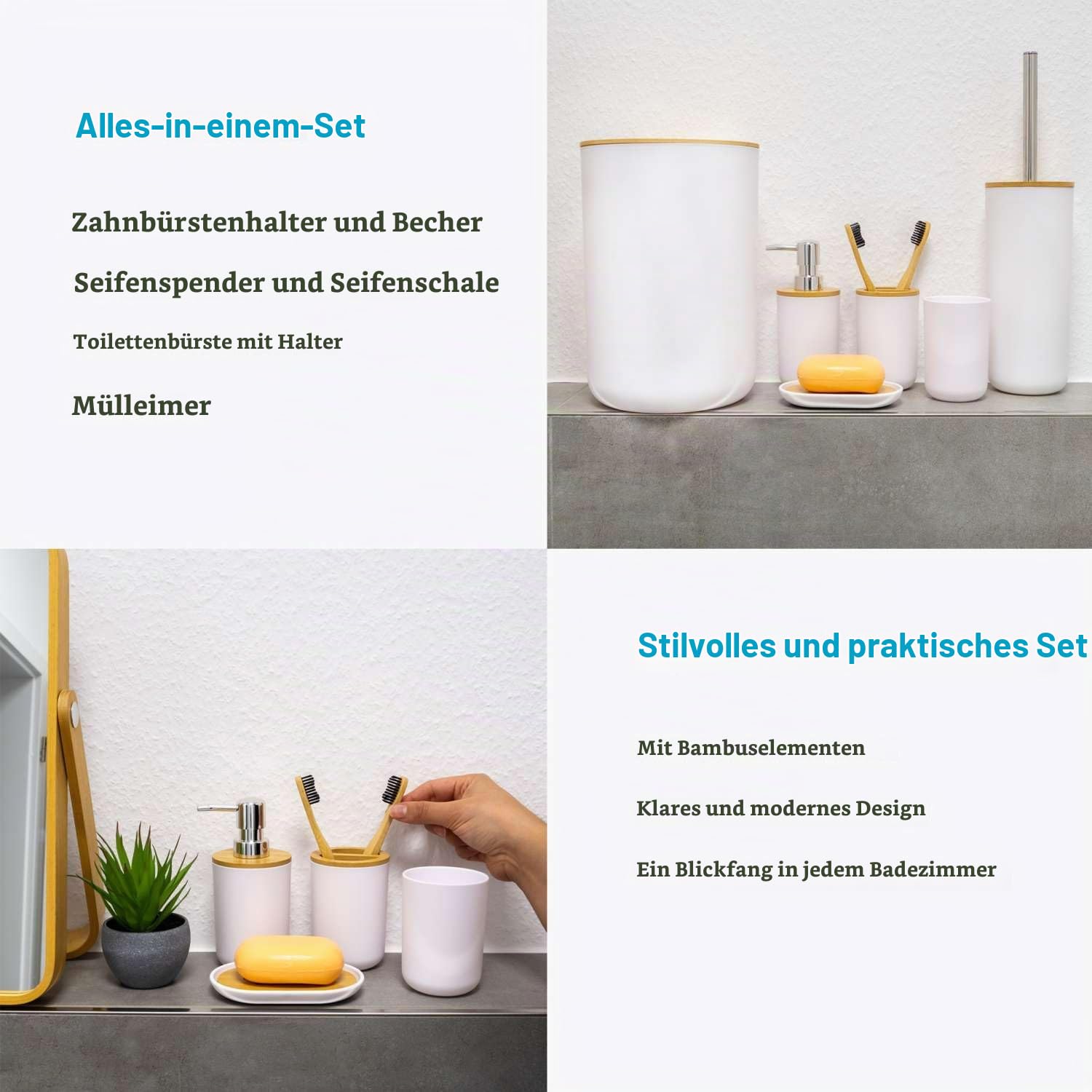 Intirilife Badezimmer Set 6-teilig Weiß Bambus Badaccessoires
