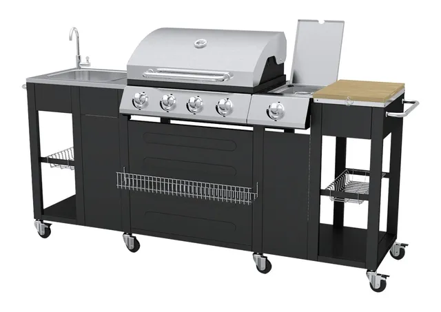 vidaXL Gas-Grill 2900W Schwarz Edelstahl mit Spüle Grillwagen