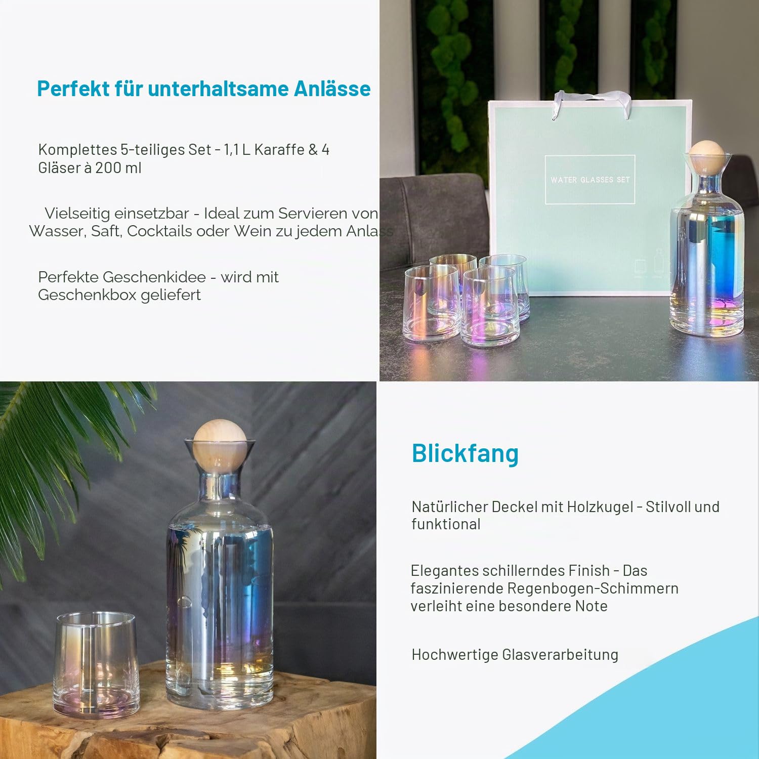 Intirilife Karaffe mit 4 Gläsern Glas 1,1 L Regenbogen Geschenkset