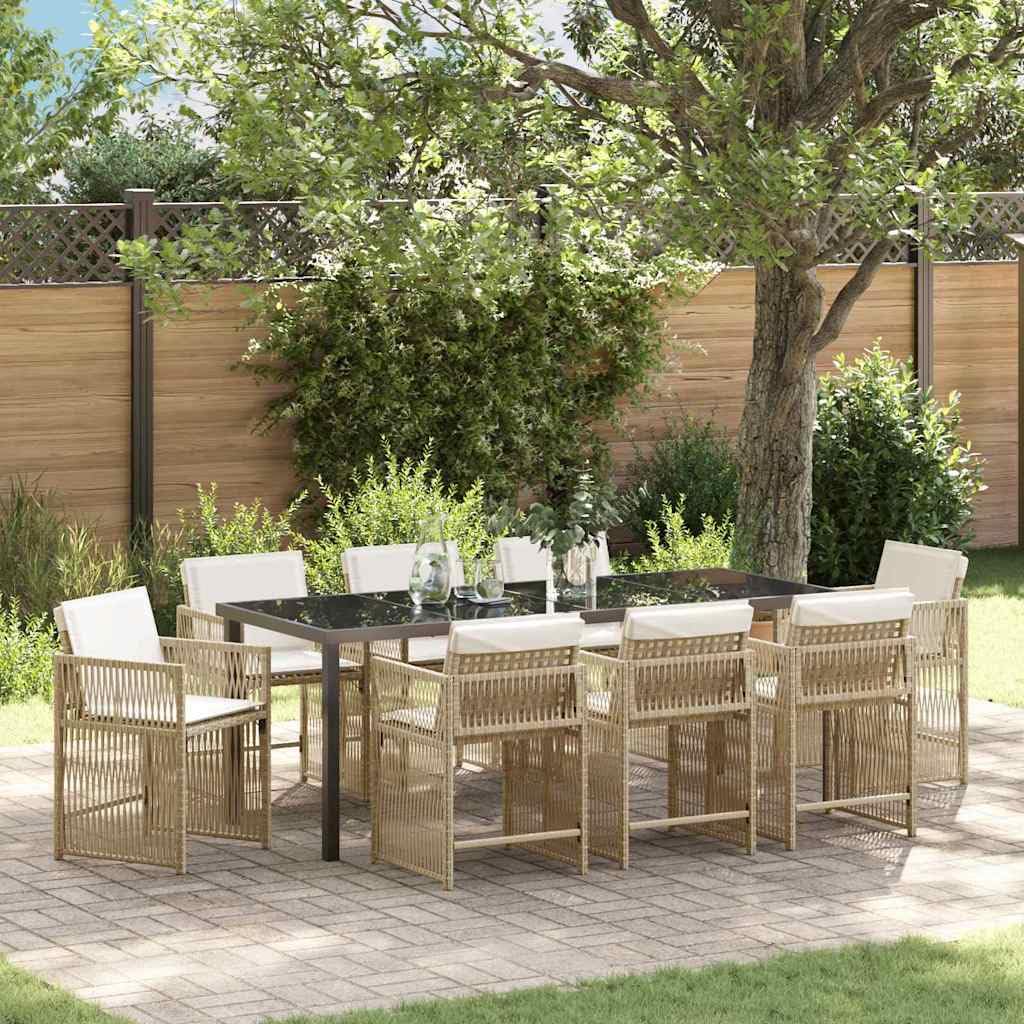 vidaXL Heim & Garten Essgruppe 9-tlg Beige Polyrattan Glastisch
