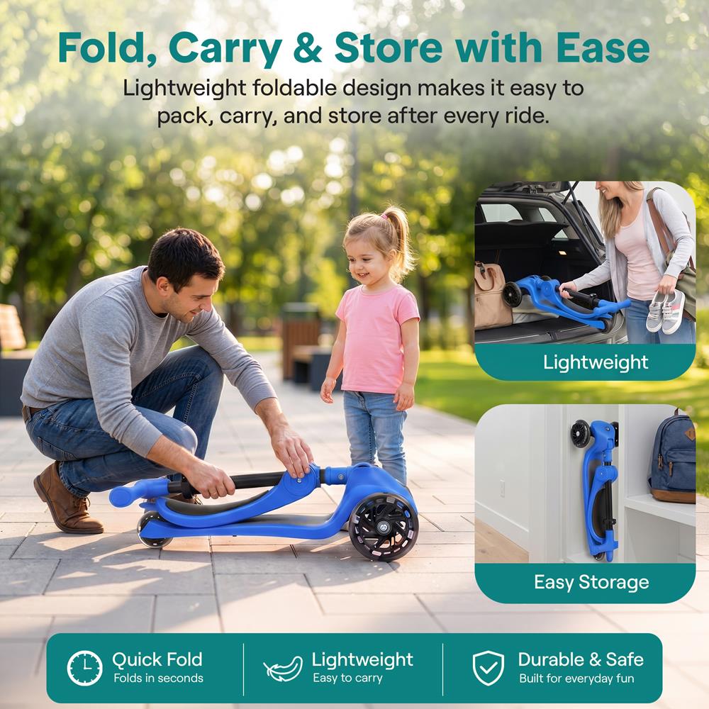 Serenelife Scooters Kinderroller 3 Räder Blau LED mit Sitz