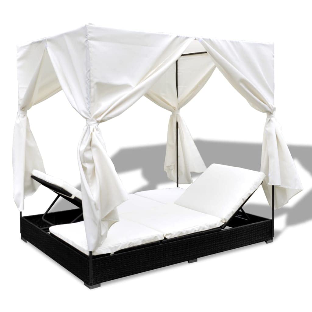 vidaXL Outdoor-Loungebett Poly Rattan Schwarz mit Vorhang