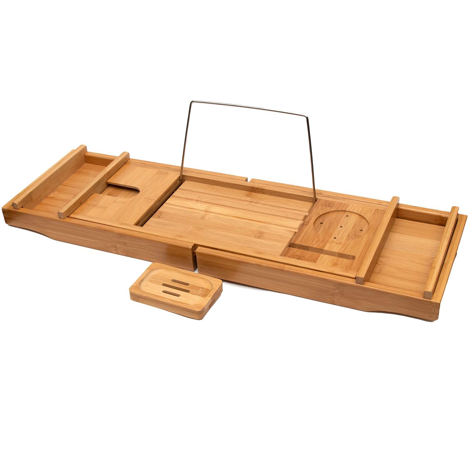 Intirilife Badewannenablage Bambus ausziehbar 73-111 cm Weinglas