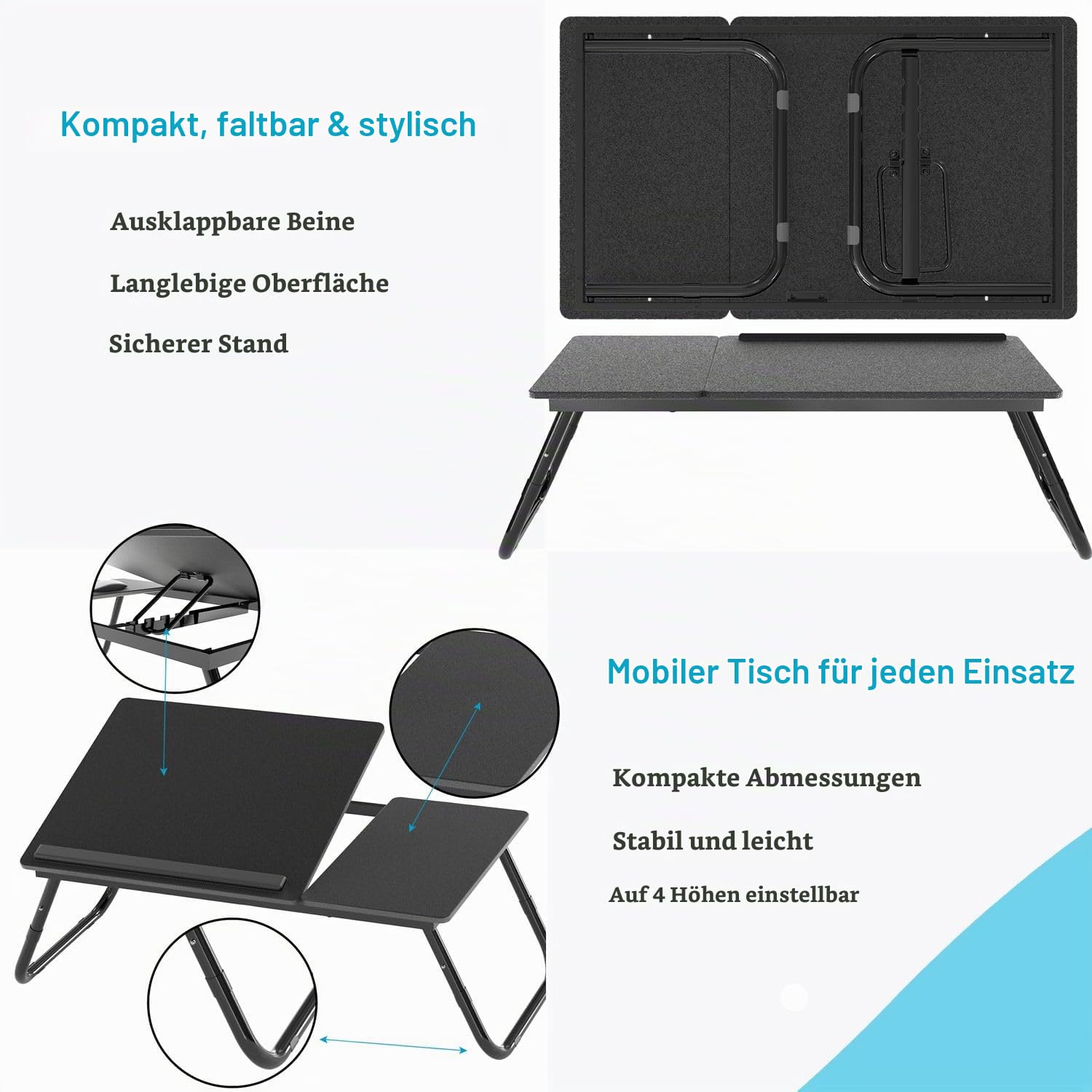 Intirilife Laptoptisch Schwarz 60x35 cm höhenverstellbar klappbar