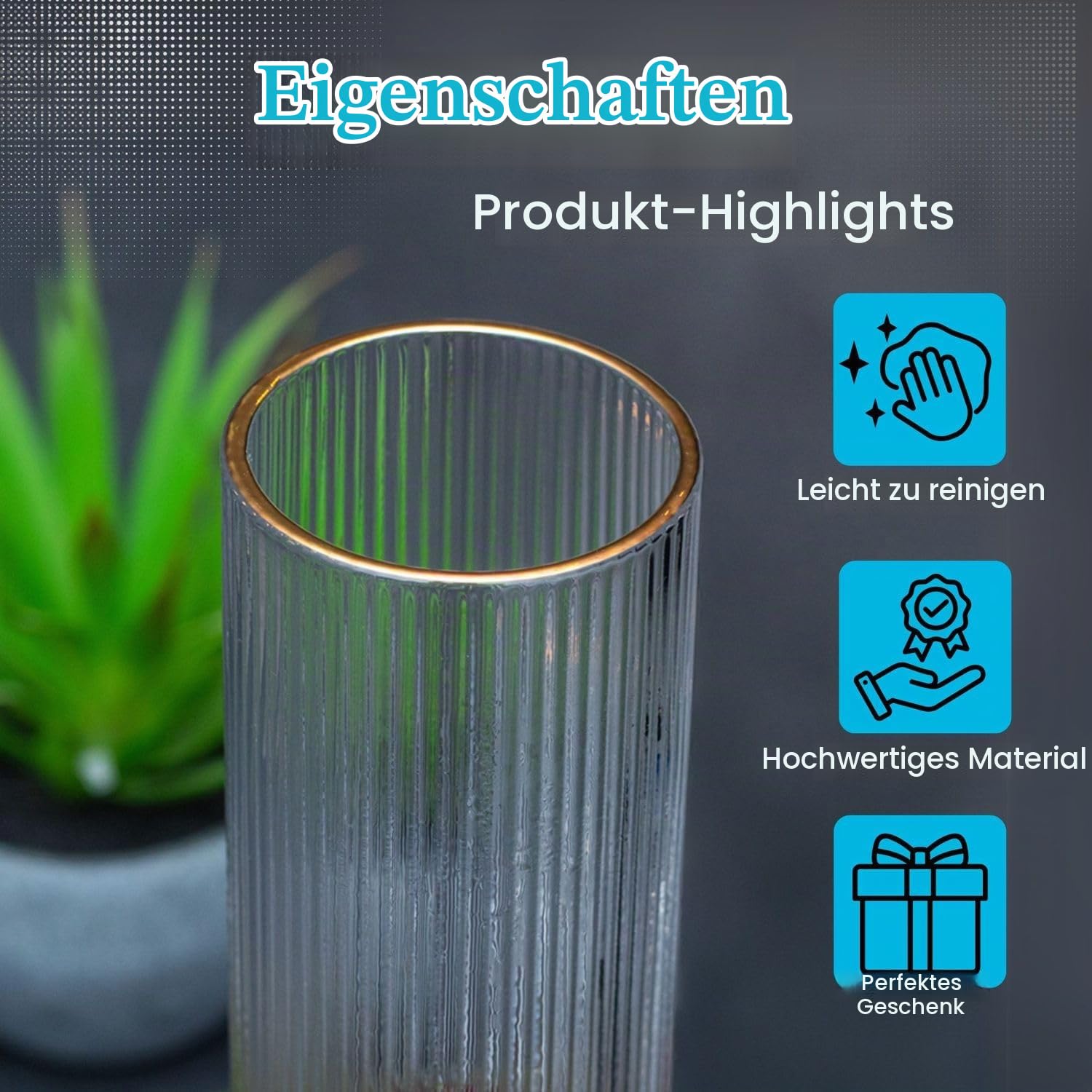 Intirilife Glaskaraffe Goldrand 1,7L Korken Wasserkaraffe