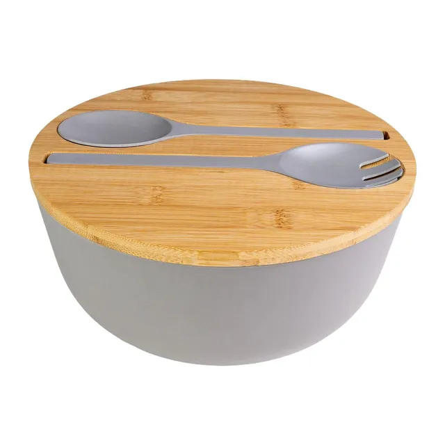 Intirilife Salatschüssel Grau 3,5 L mit Bambusdeckel
