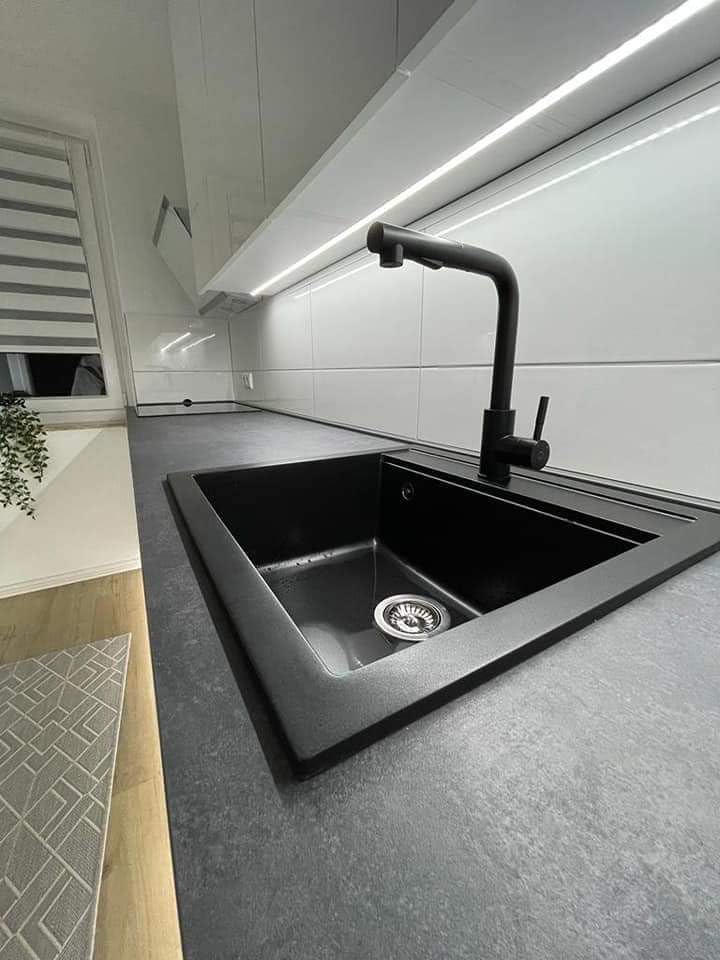 vidaXL Granitspüle Schwarz Einzelbecken Küchenspüle tief