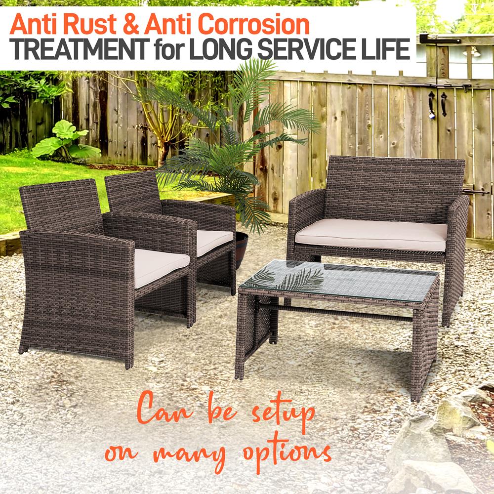 Serenelife Rattan Sitzgruppe 4-teilig Braun Beige Kissen Glastisch