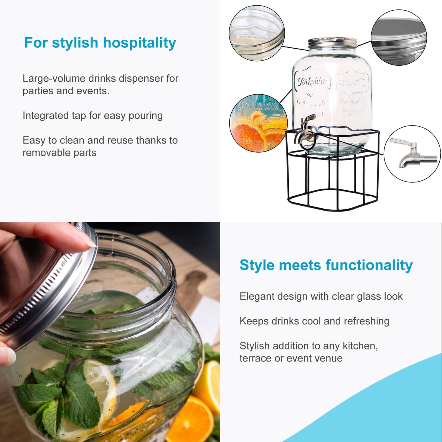 Intirilife Getränkespender 5L Glas mit Gestell Zapfhahn