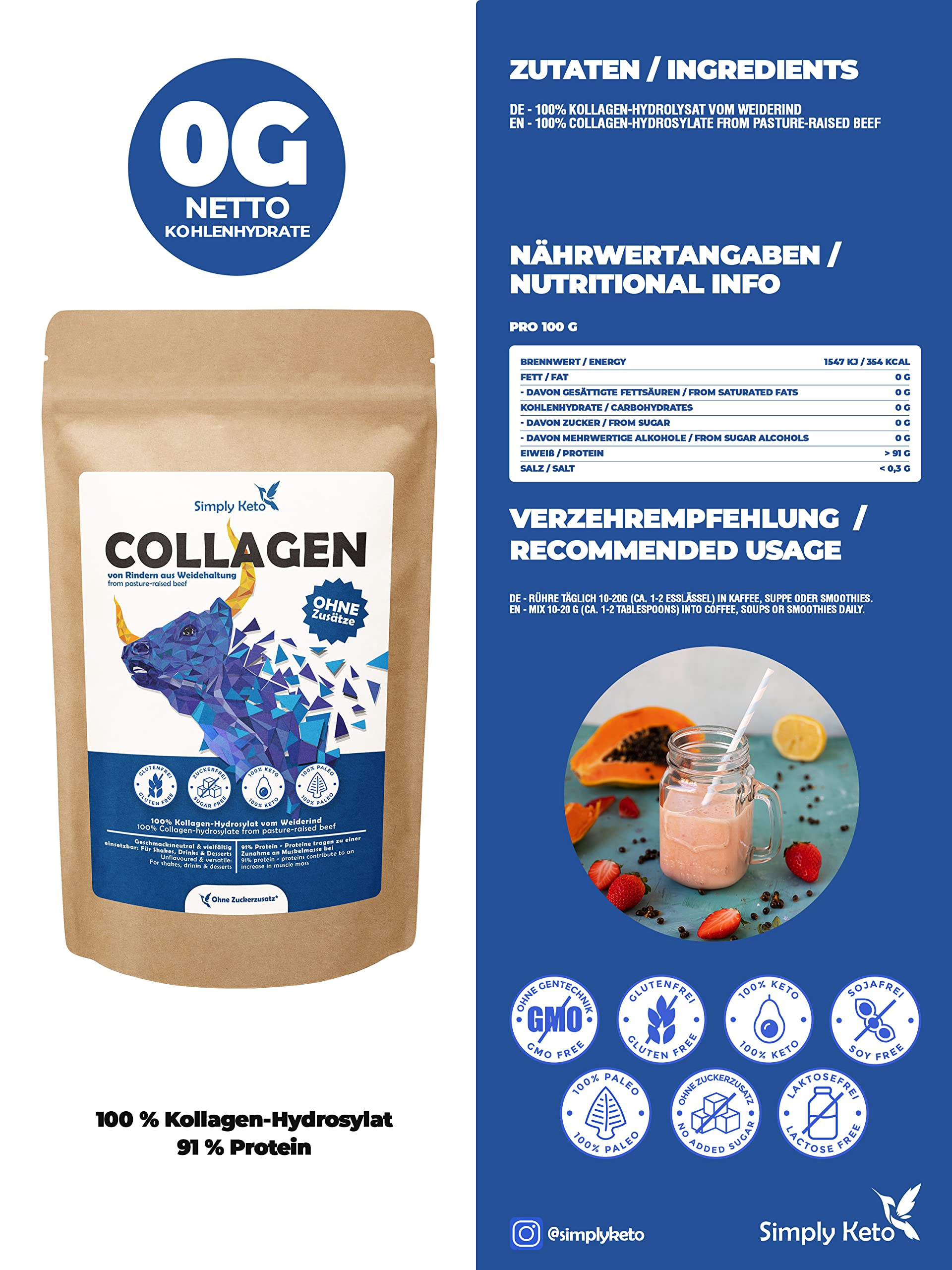 Keto Collagen Pulver 500g neutral 91% Protein Weidehaltung