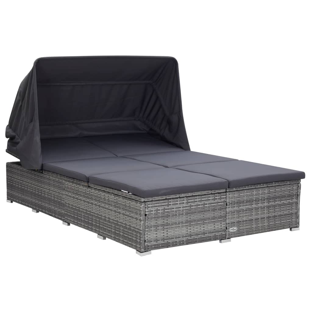 vidaXL Sonnenliege 2-Personen Poly Rattan Braun mit Dach