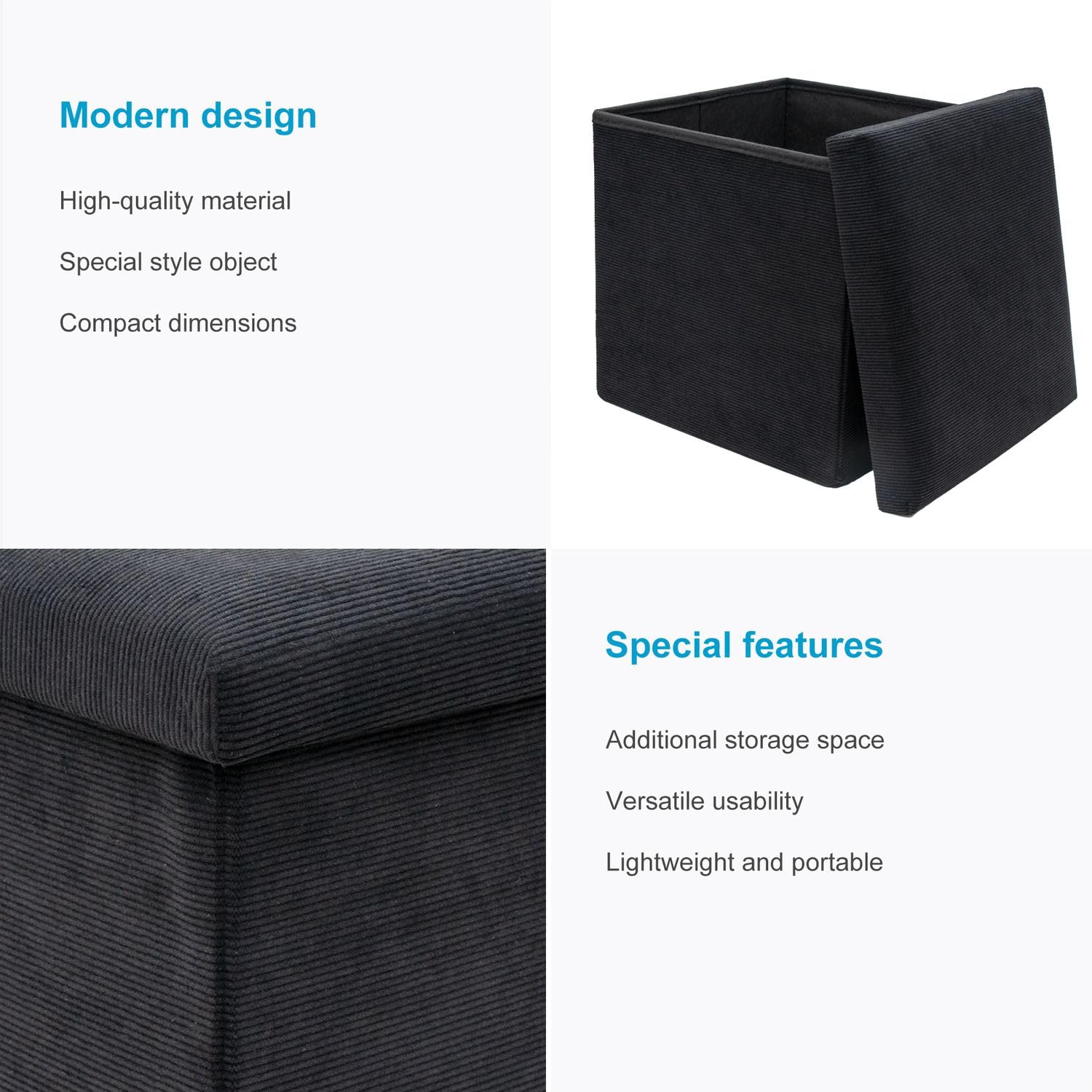 Intirilife Sitzhocker Sitzwürfel 38x38x38 Schwarz Cord Stauraum