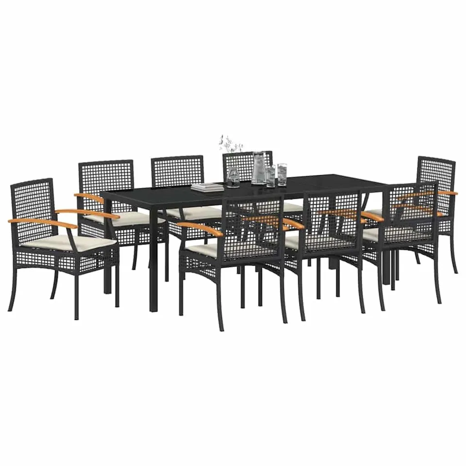 vidaXL Heim & Garten Essgruppe 9-tlg Schwarz Rattan Glastisch