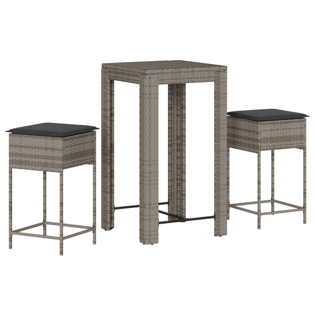 vidaXL Gartenbar Set 3-TLG Poly Rattan Grau mit Kissen