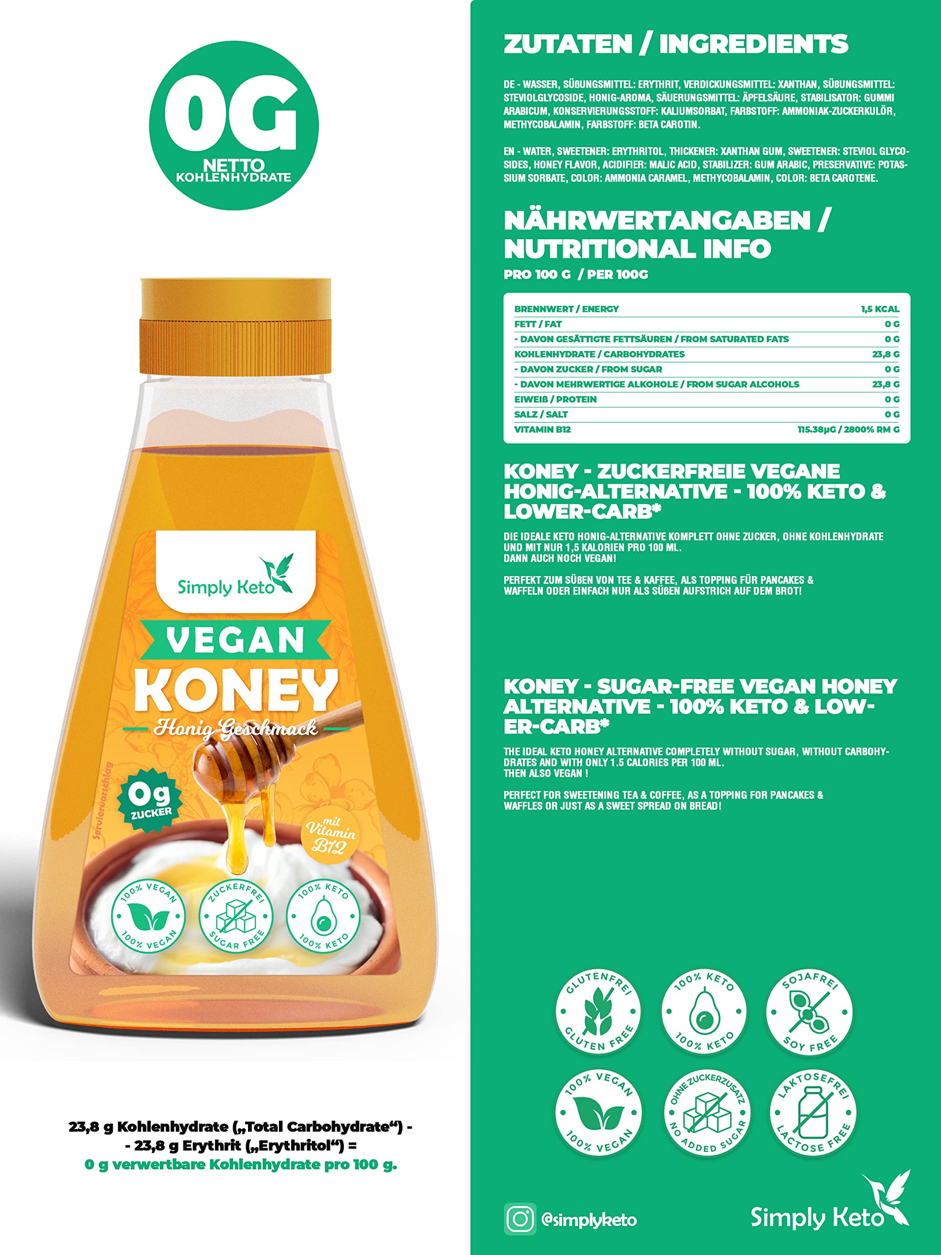 Simply Keto Koney Veganer Honig Sirup Erythrit ohne Zucker