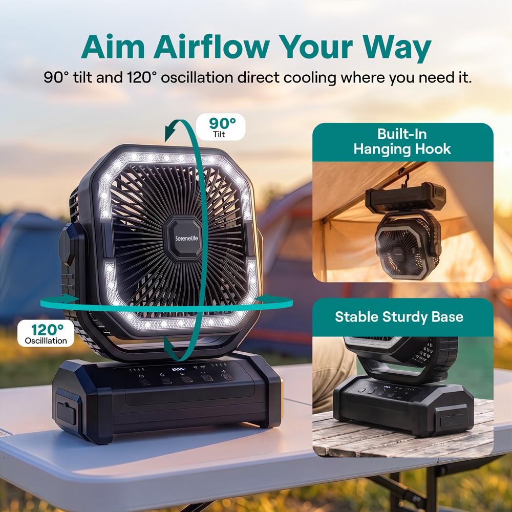 Serenelife Camping Akku Ventilator Schwarz 10000mAh mit LED