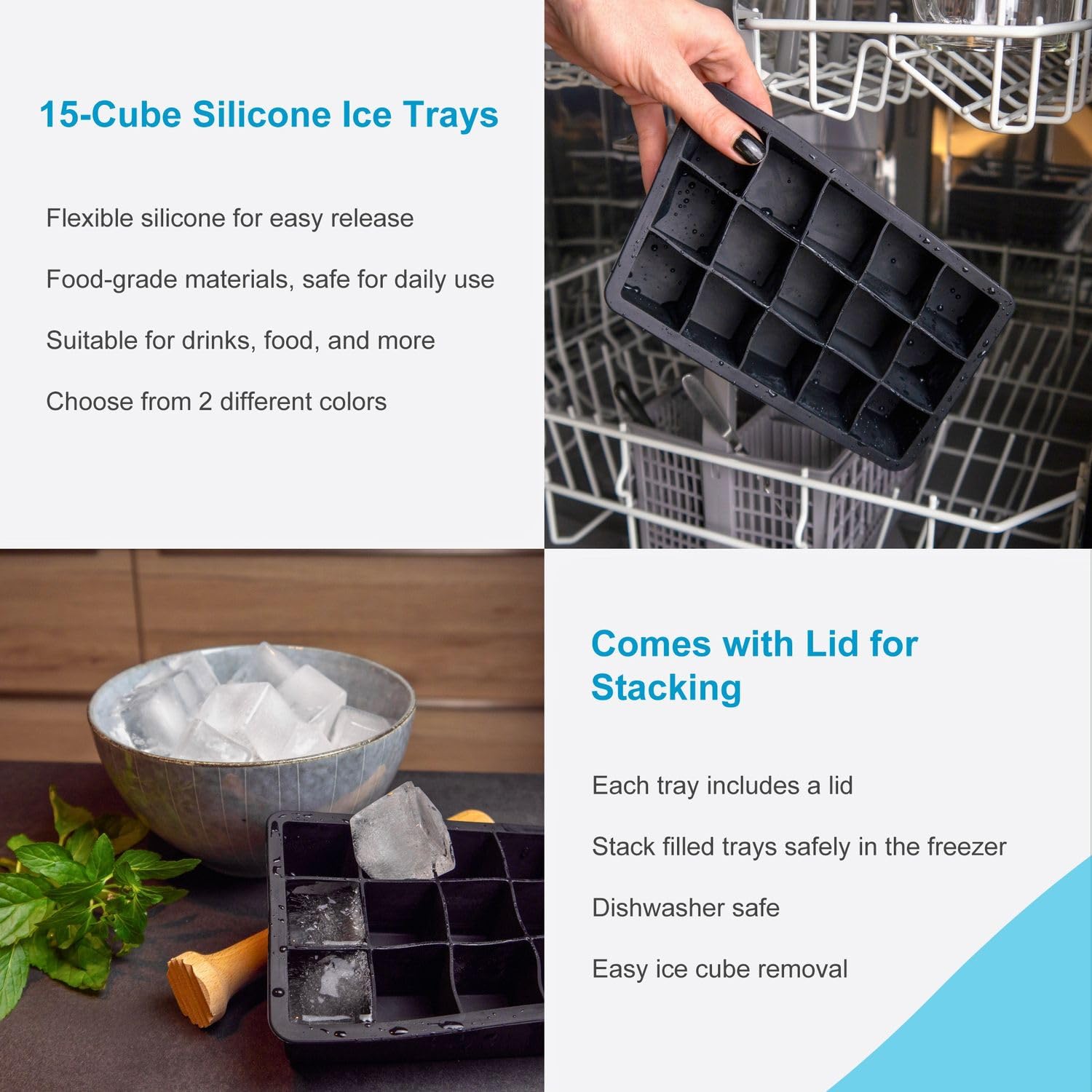 Intirilife Eiswürfelform Silikon Schwarz 15 Fächer 3,5 cm