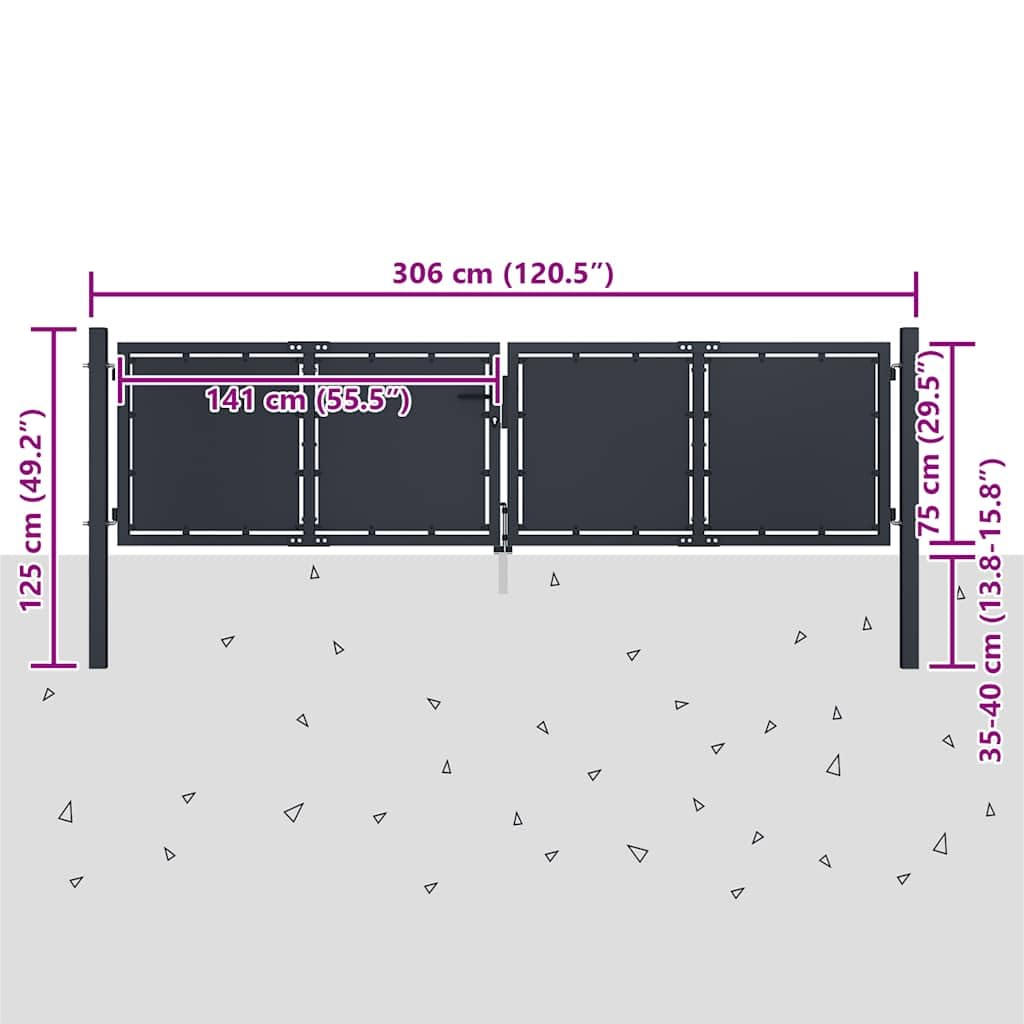 vidaXL Gartentor Doppeltor Stahl Anthrazit 300x125 cm