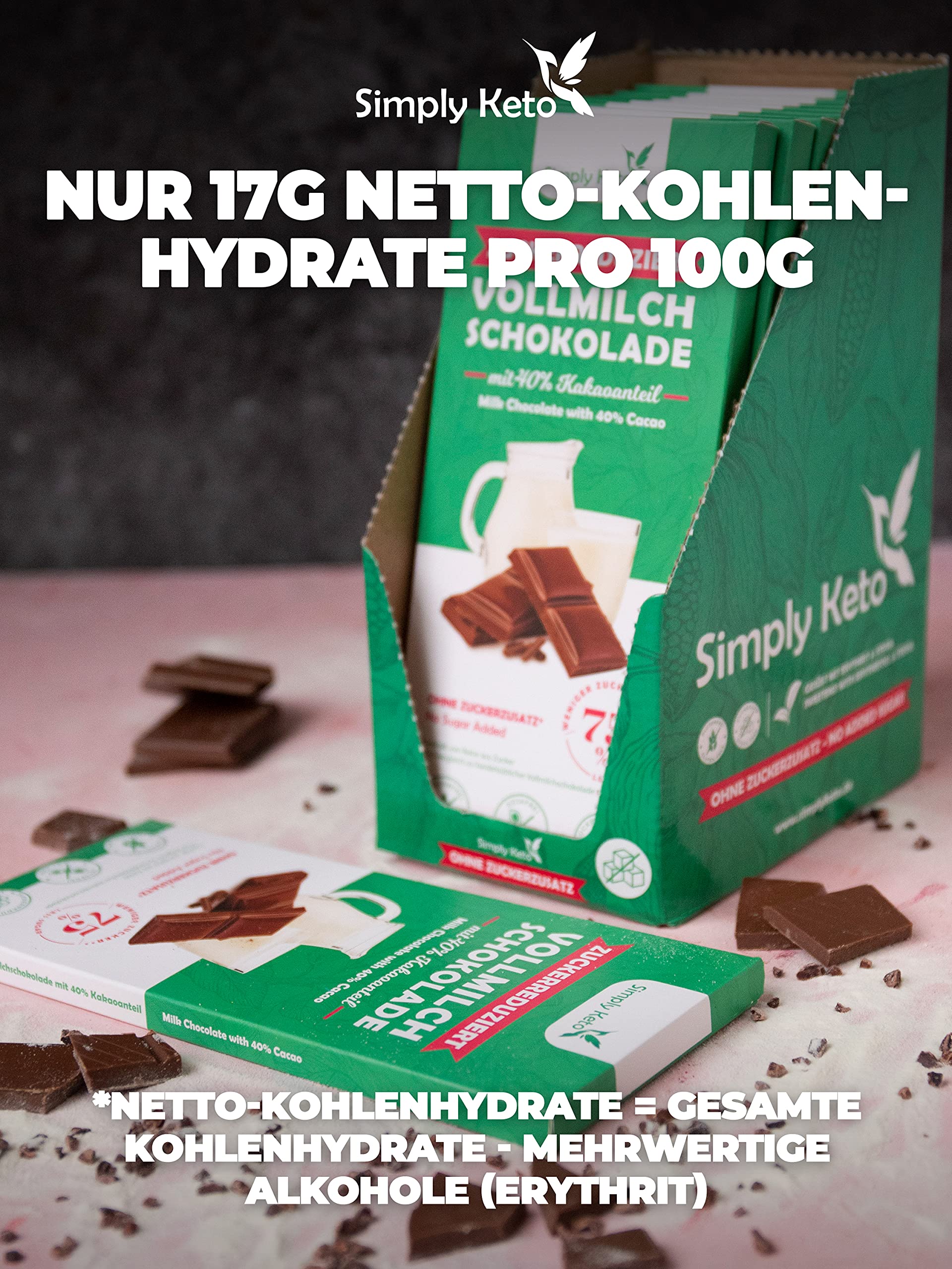 Simply Keto Vollmilch Schokolade 40% Kakao zuckerfrei 1 Stück