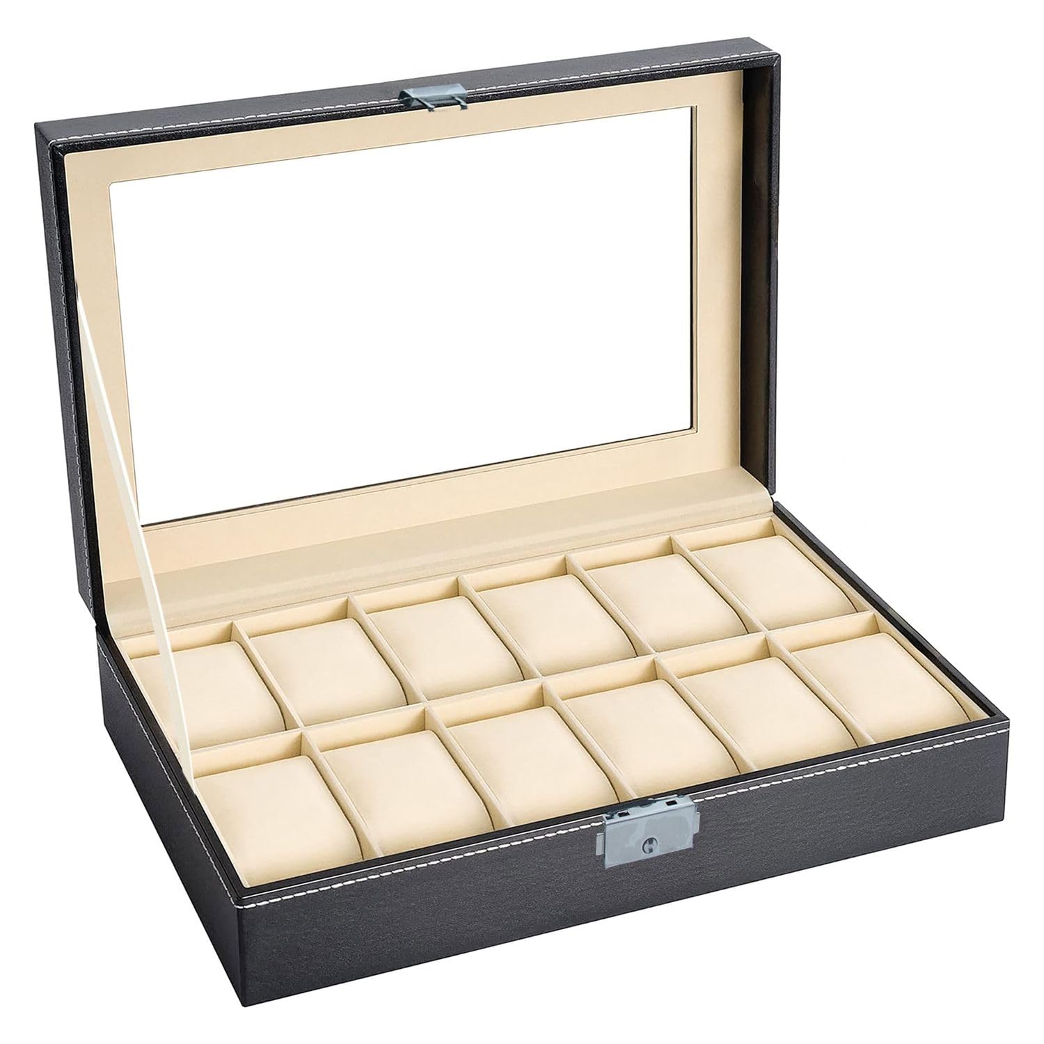 Intirilife Uhrenbox 12 Uhren Schwarz Glasdeckel 30x20x8 cm