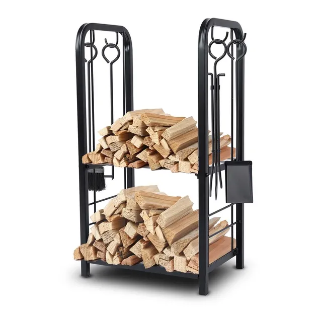 Serenelife Heater Kaminholzregal Schwarz mit Kaminbesteck