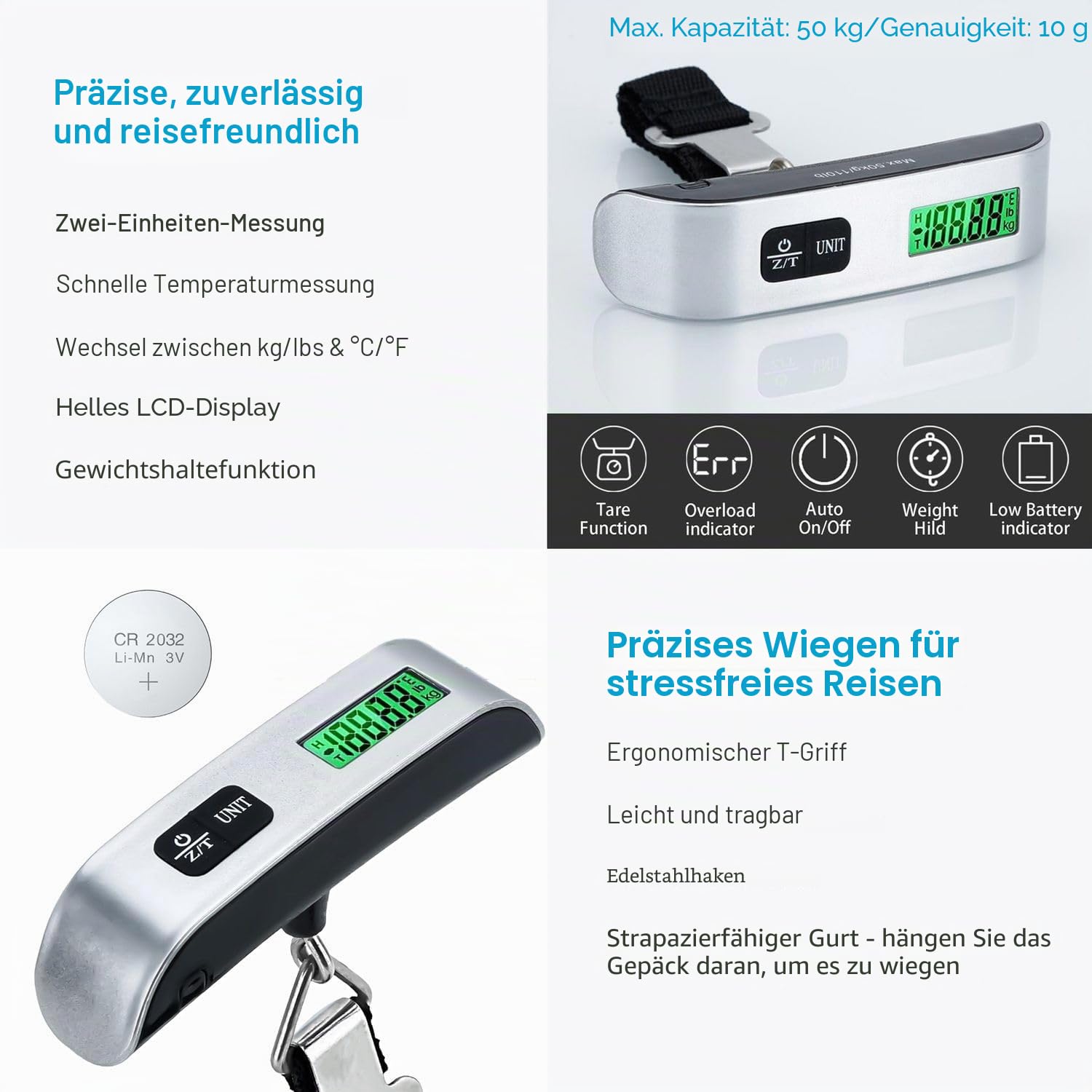 Intirilife Digitale Kofferwaage Schwarz 50kg LCD Gepäckwaage