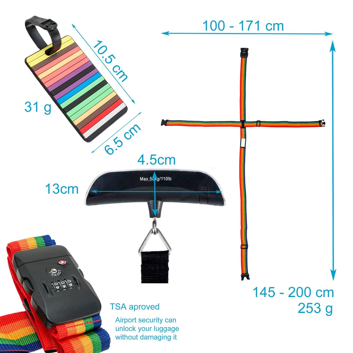 Intirilife Reiseset Kofferwaage Digital Koffergurt Regenbogen