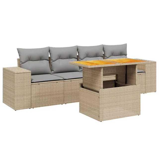vidaXL Garten-Sofagarnitur 5-tlg Beige Poly Rattan mit Tisch