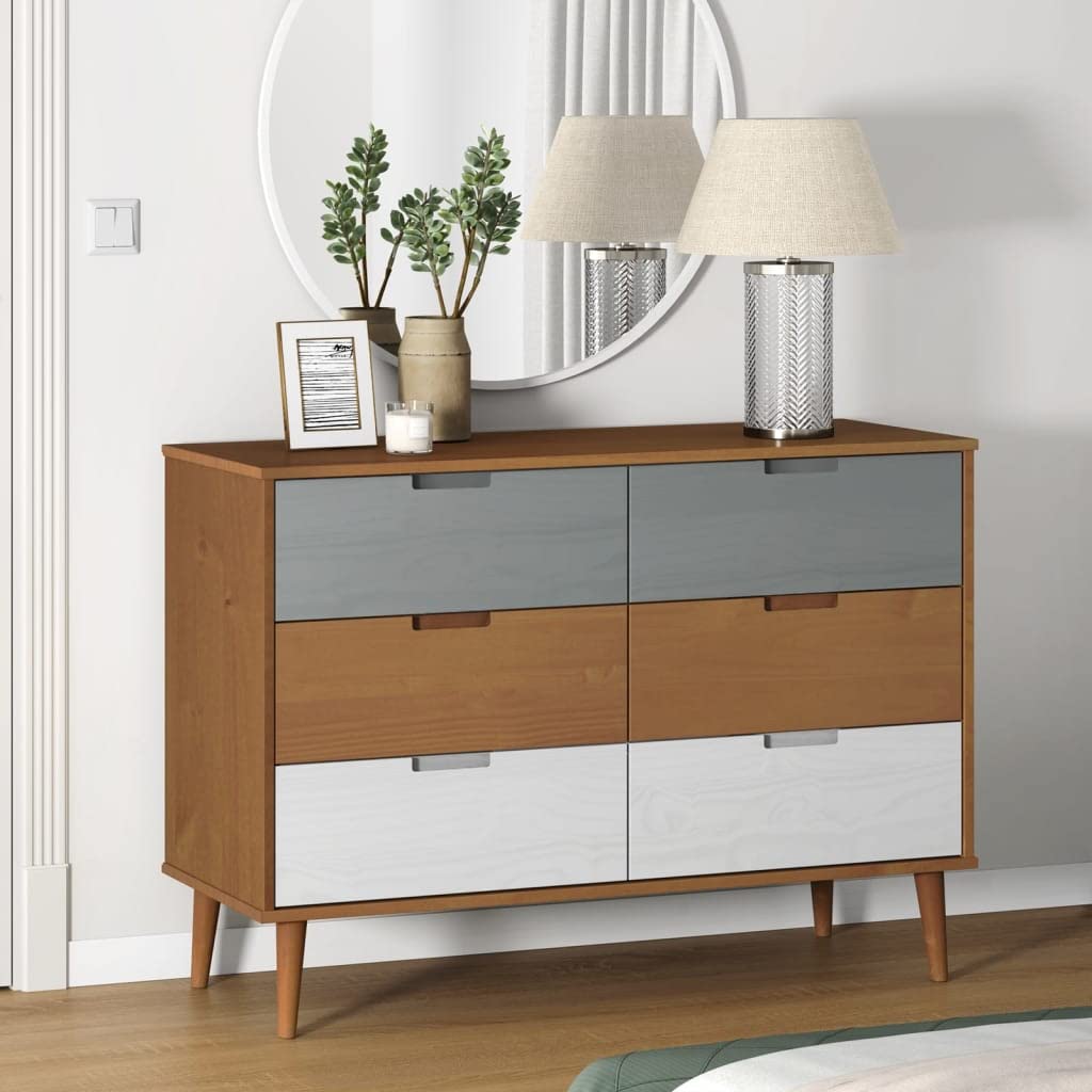 vidaXL Kommode Braun-Weiß 113 cm Kiefer 6 Schubladen