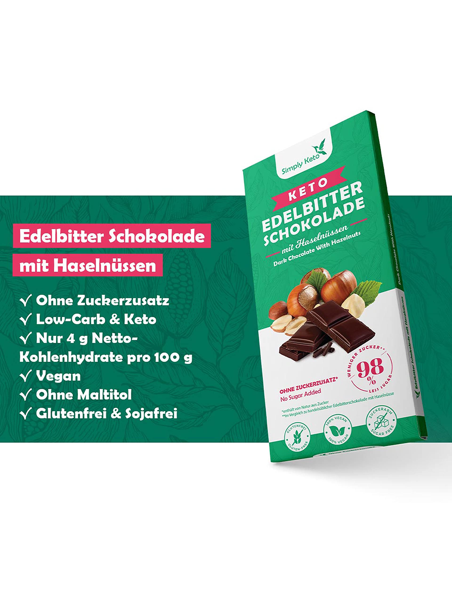 Simply Keto Edelbitter Haselnuss Schokolade ohne Zucker 60% Kakao