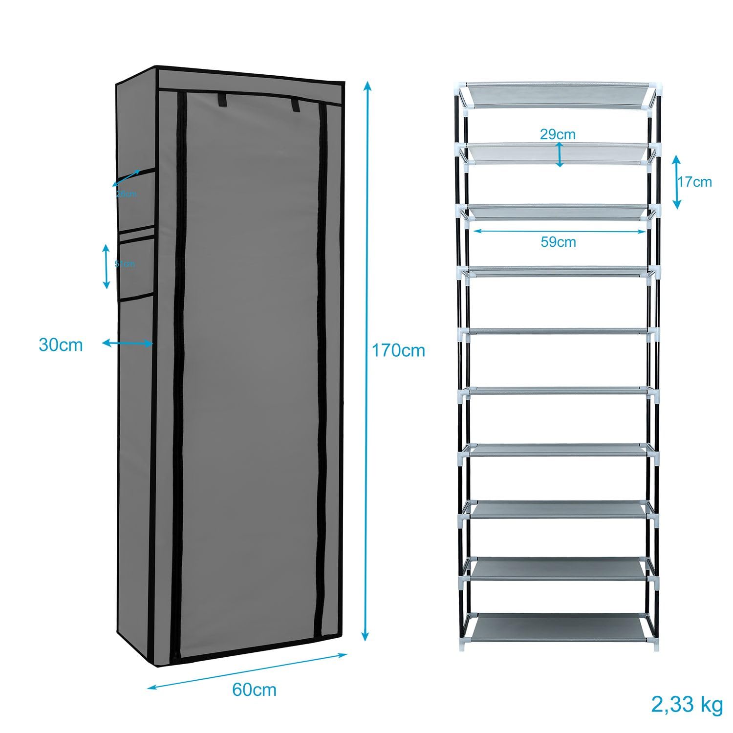 Intirilife Faltschrank 170x58x28 cm Stoffschrank Asch Grau