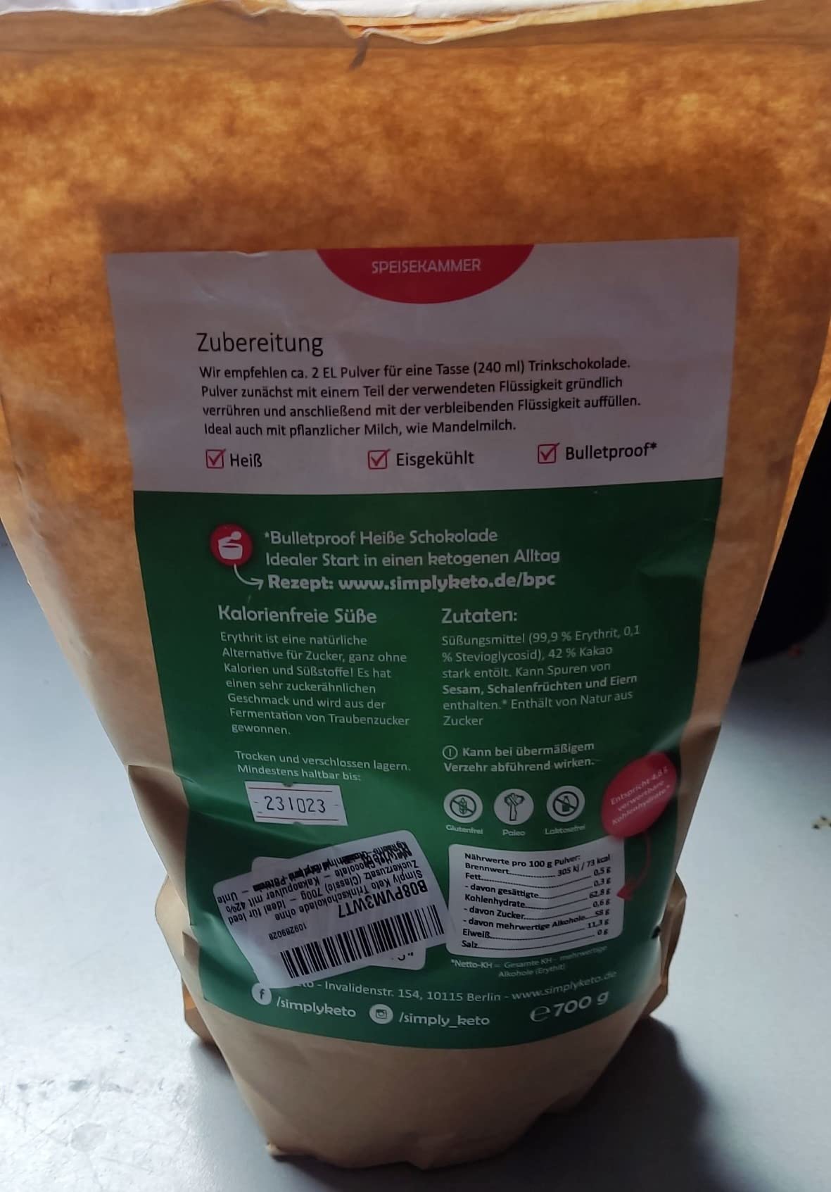 Keto Classic Trinkschokolade 700g zuckerfrei Low Carb