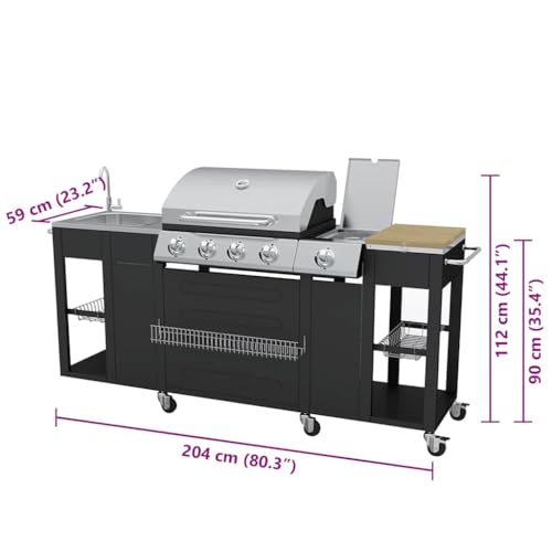 vidaXL Gas-Grill 2900W Schwarz Edelstahl mit Spüle Grillwagen