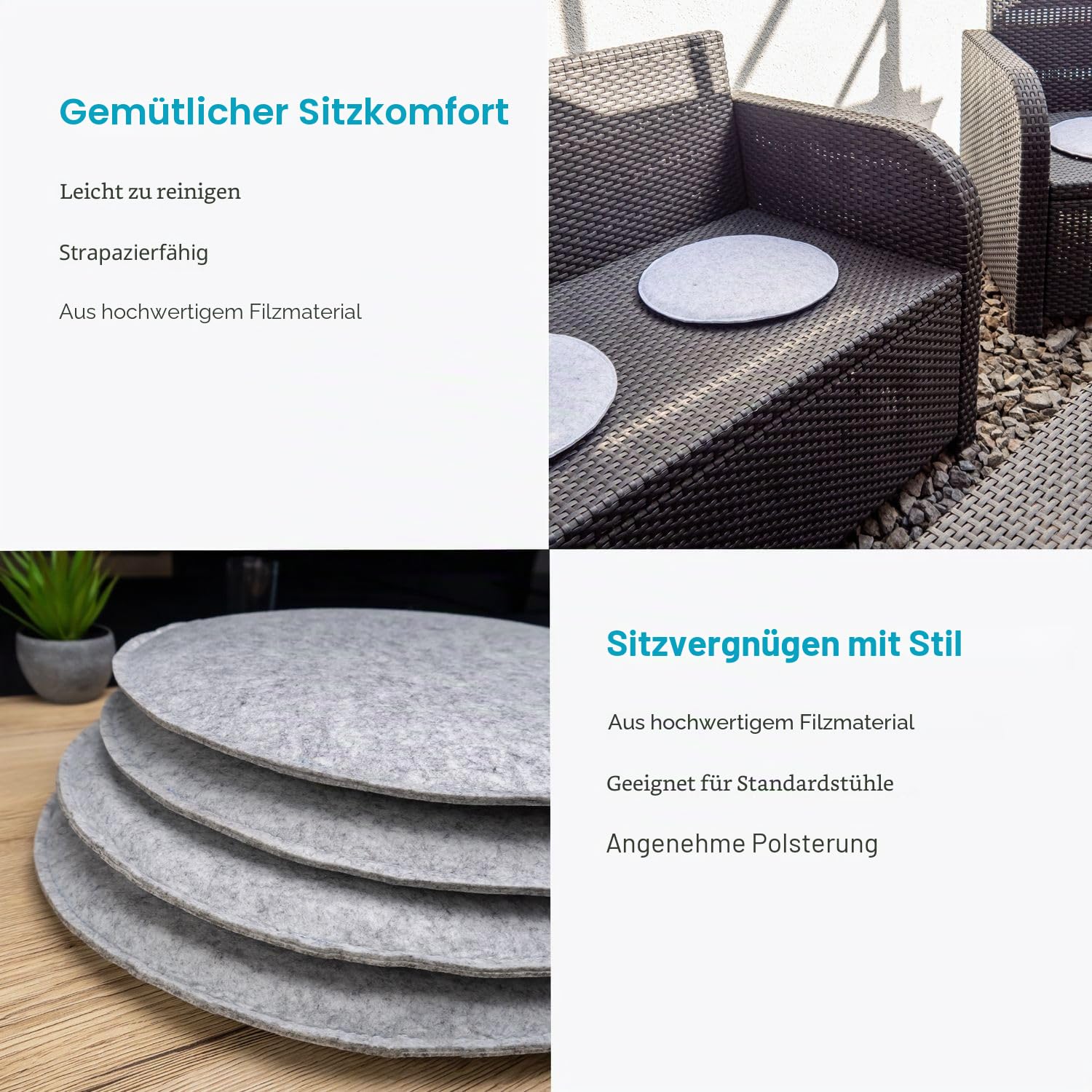 Intirilife Sitzkissen Filz Grau rund 31,5 cm 4er Set