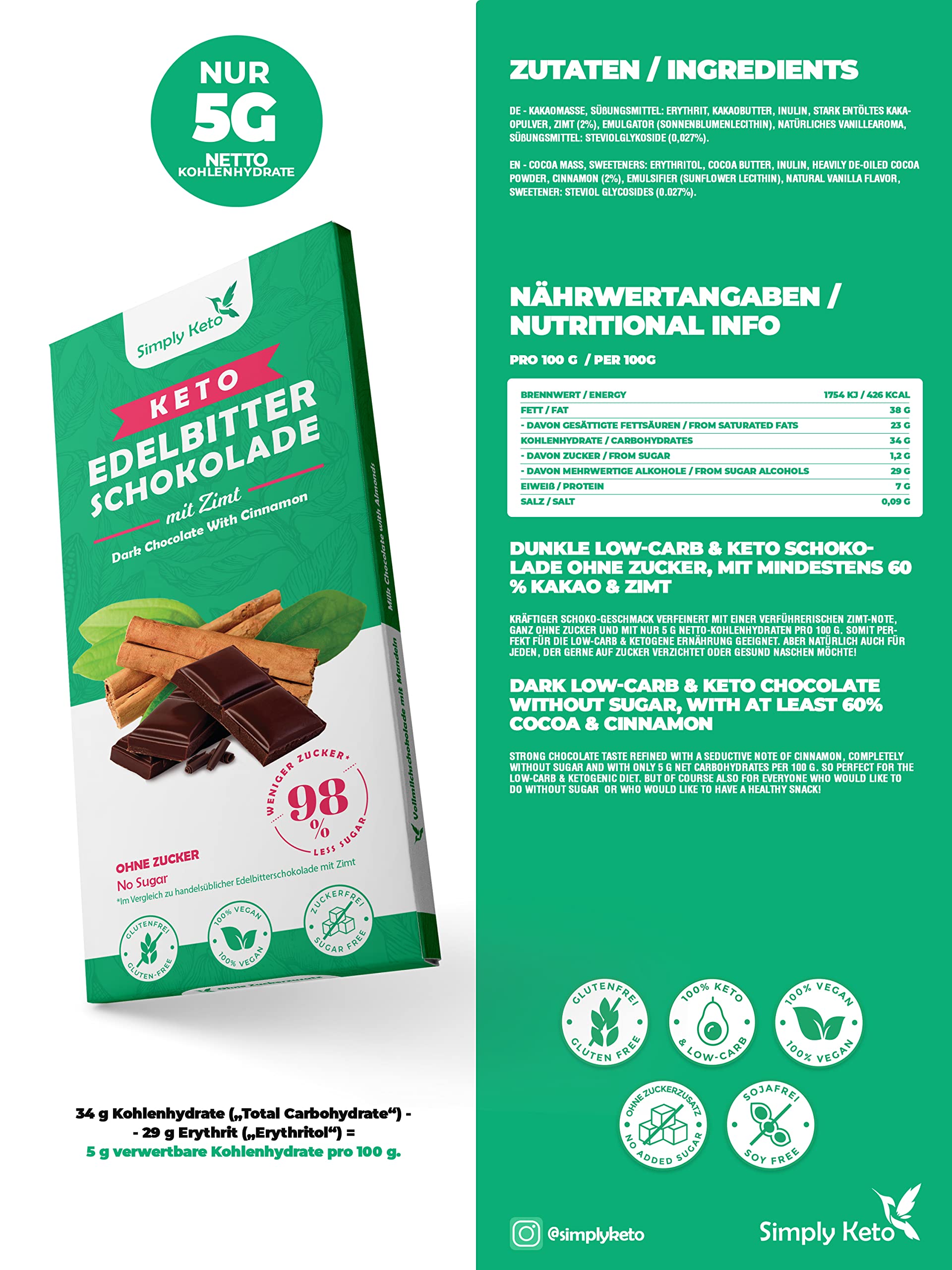 Simply Keto Schokolade Zimt 60% 125 g ohne Zucker