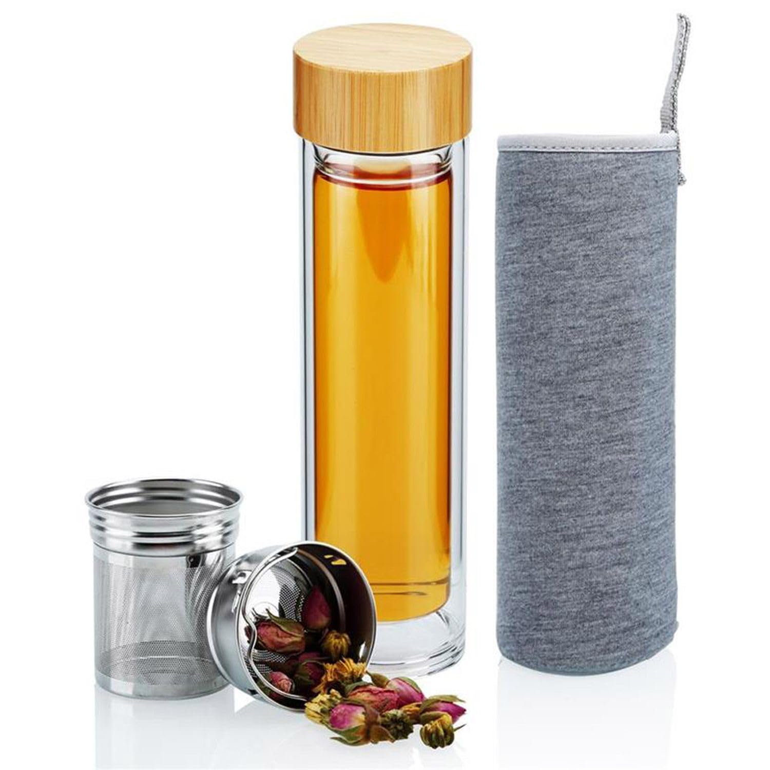 Intirilife Teeflasche Glas 400ml Sieb Bambus doppelwandig