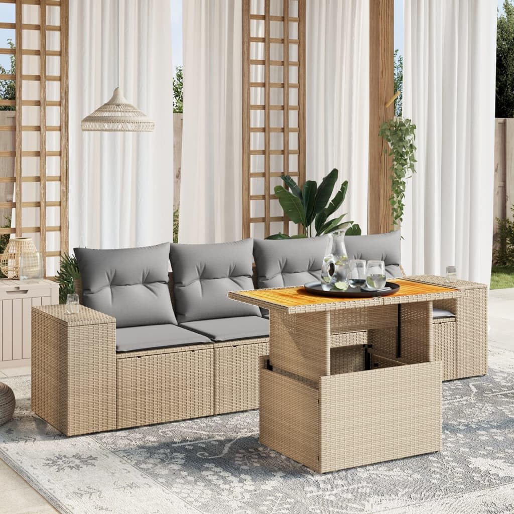 vidaXL Garten-Sofagarnitur 5-tlg Beige Poly Rattan mit Tisch
