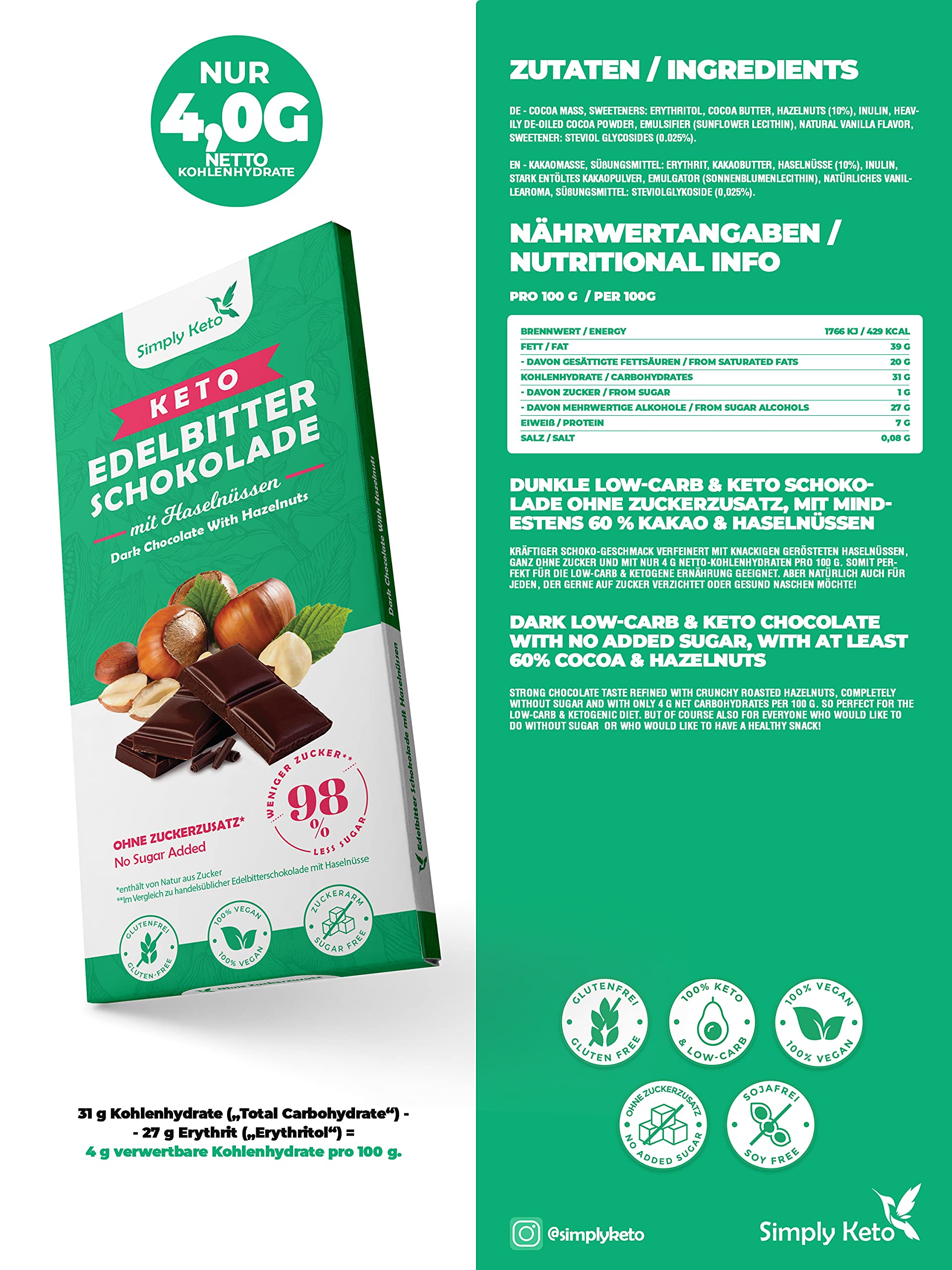 Simply Keto Edelbitter Haselnuss Schokolade ohne Zucker 60% Kakao