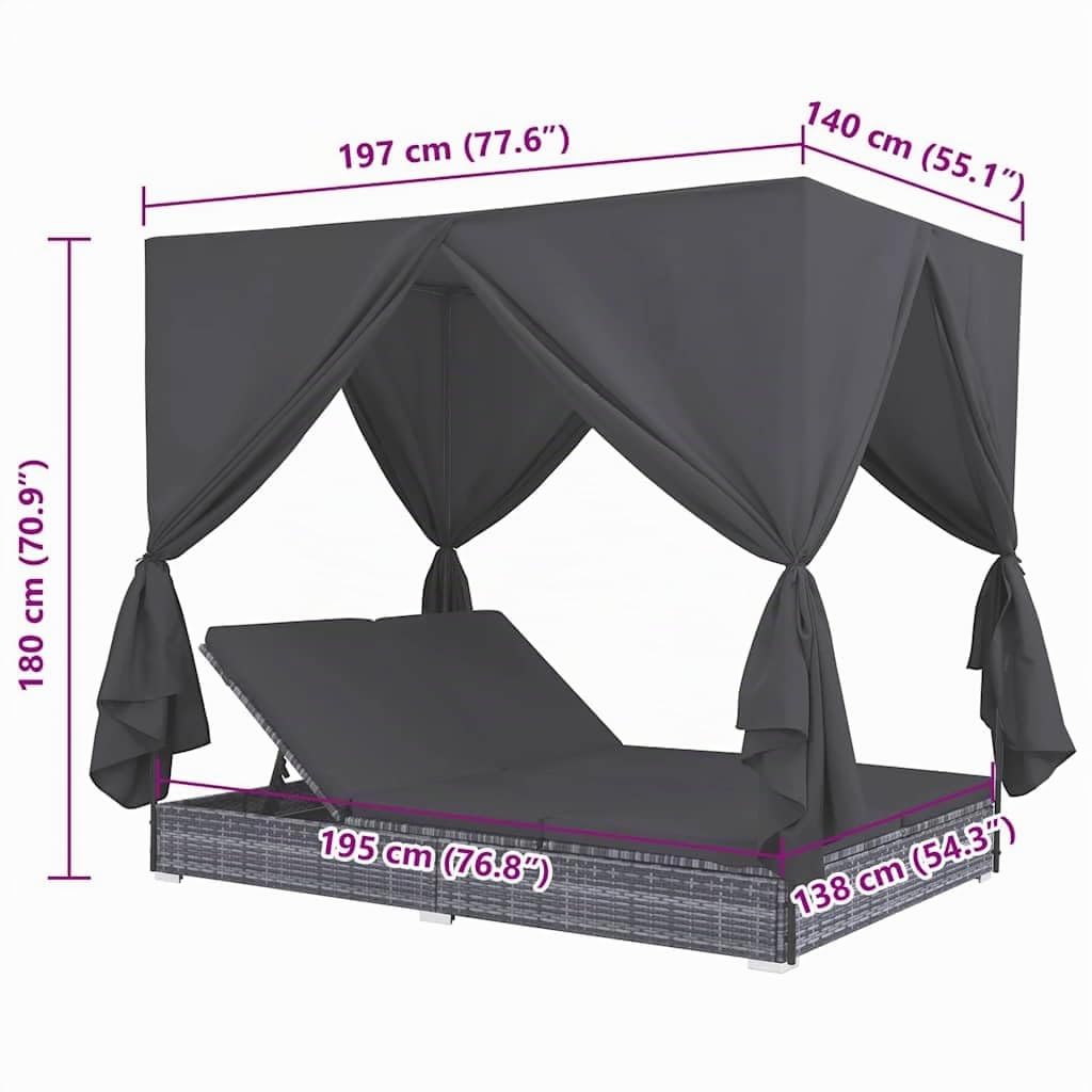vidaXL Outdoor-Lounge-Bett Poly Rattan Grau Vorhänge verstellbar