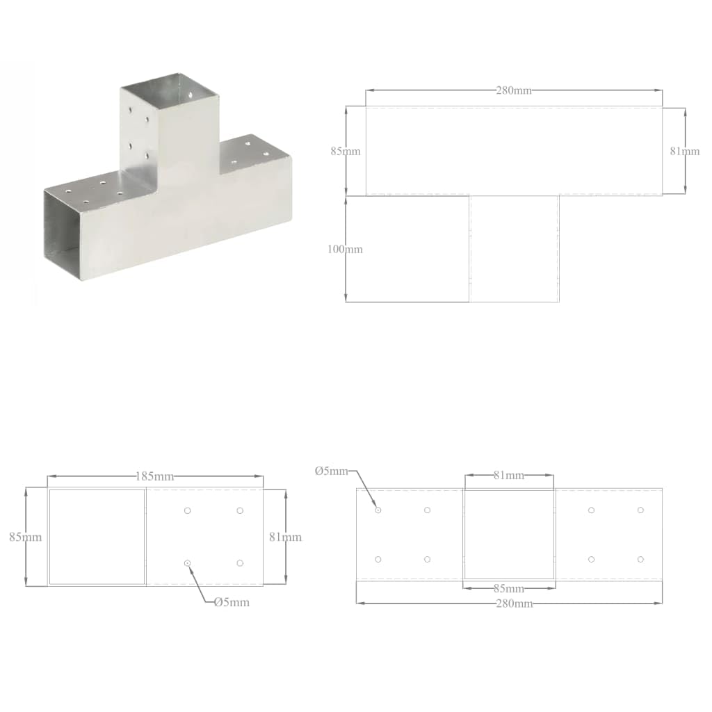 vidaXL Heim & Garten Pfostenverbinder T-Form 81x81mm Verzinkt