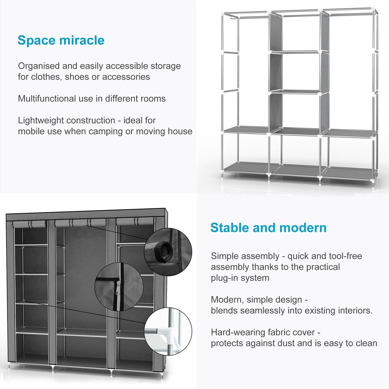 Intirilife Faltschrank 150x175x45 asch grau Reissverschluss
