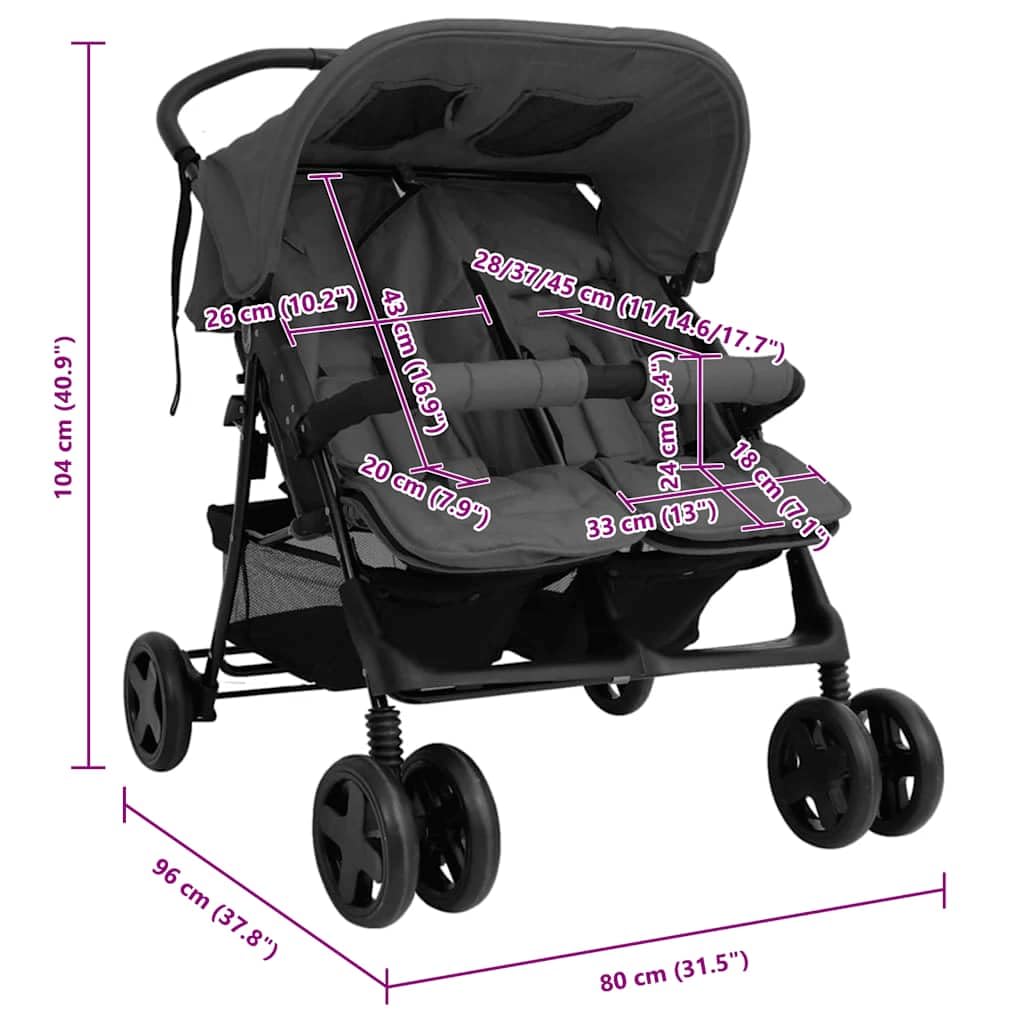 vidaXL Geschwisterwagen Zwillingsbuggy Dunkelgrau Stahl 80x96x104