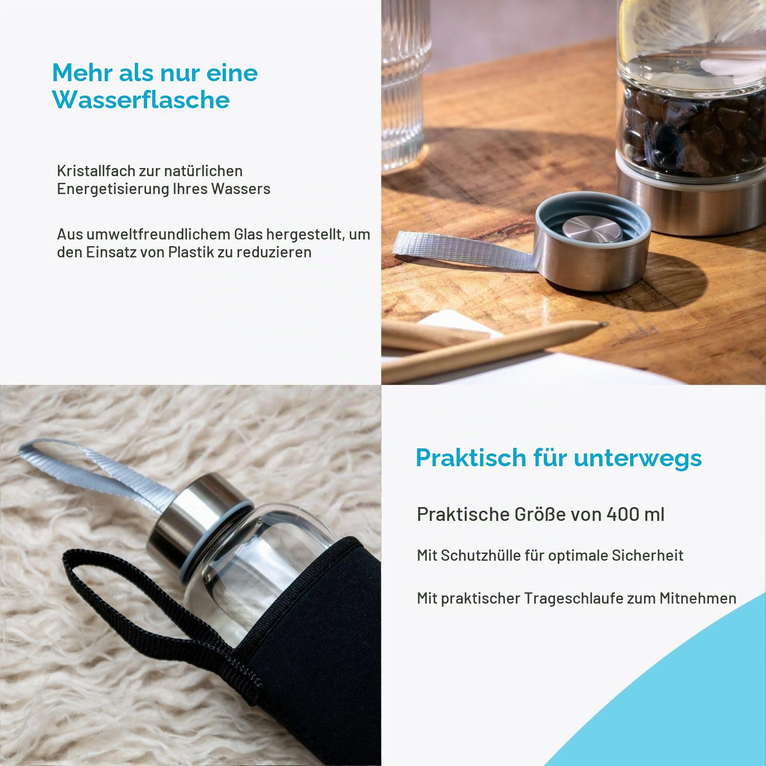 Intirilife Trinkflasche Glas Obsidian 400 ml mit Tasche