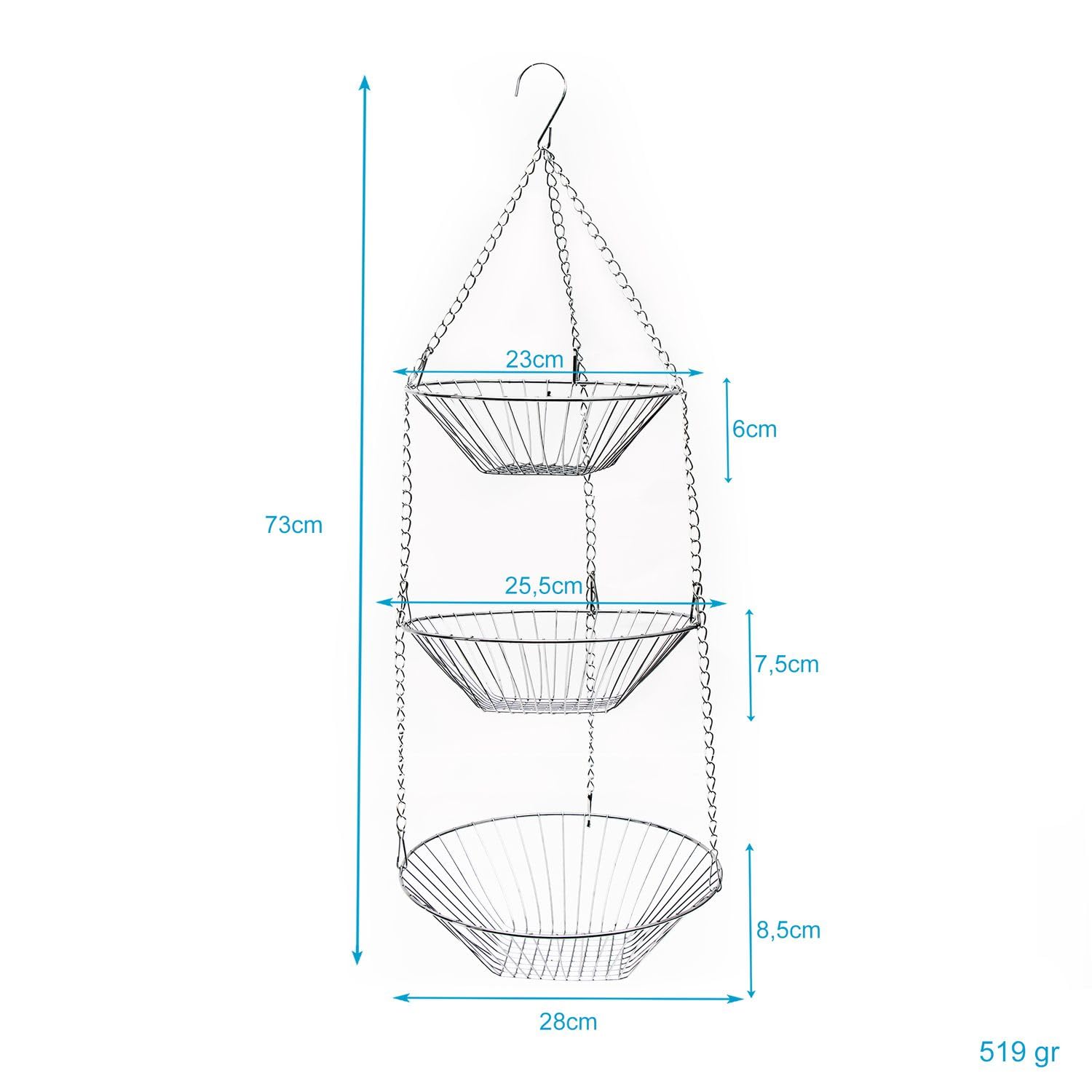 Intirilife Küchenampel Hängekorb silber 3-etagig Obstkorb 73 cm