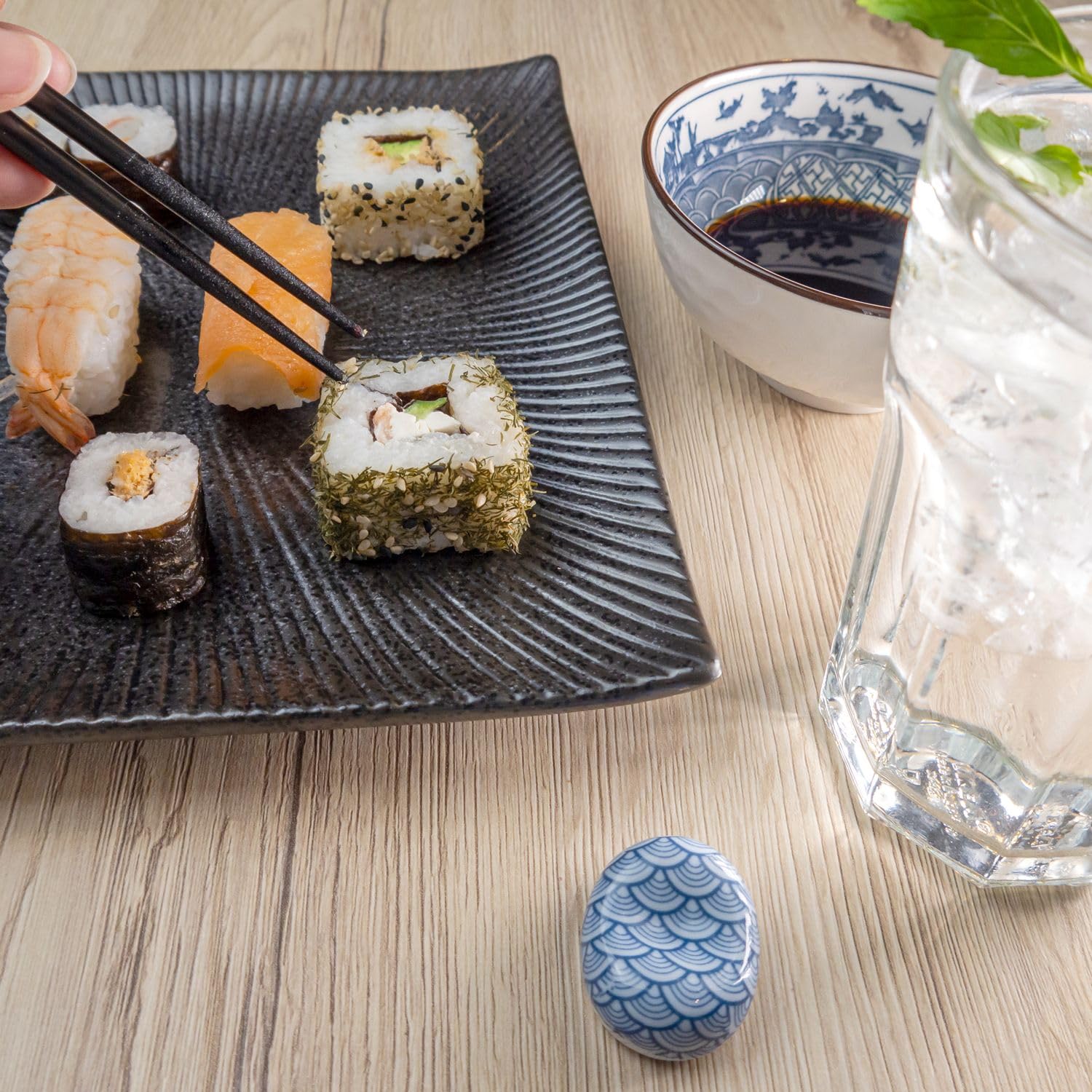 Intirilife Sushi Platte Servierteller Schwarz 23 cm Steinzeug